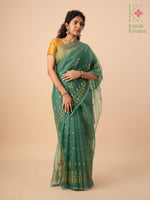 Load image into Gallery viewer, green mayur organza kasuti saree showing embroidered peacock motifs
