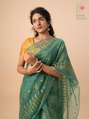 green mayur organza kasuti saree highlighting kasuti embroidery detail