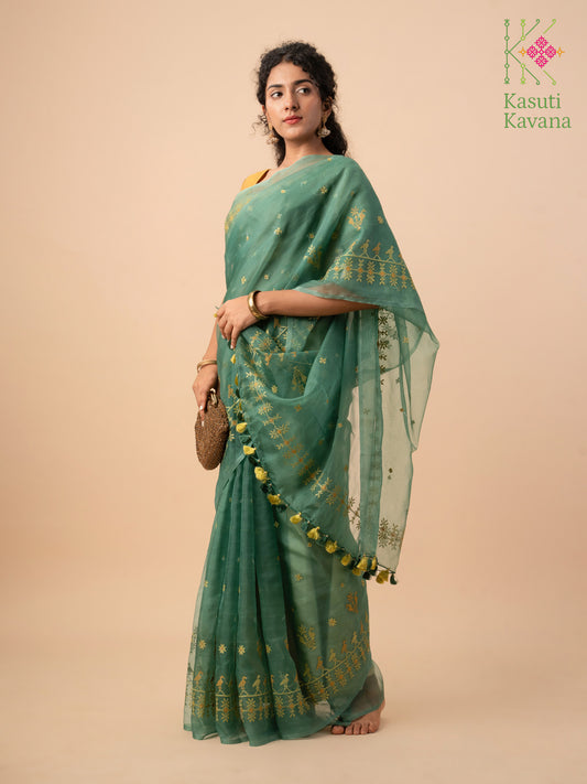 Green Mayur Organza Kasuti Saree