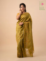 Load image into Gallery viewer, embroidered kasuti tissue saree in mehendi green close-up
