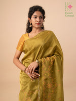 Load image into Gallery viewer, mehendi green kasuti temple tissue saree with embroidery front view
