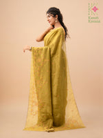Load image into Gallery viewer, mehendi green kasuti temple tissue saree border embroidery detail
