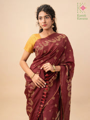 Ruby golden goose saree full view with zari border and woven motifs