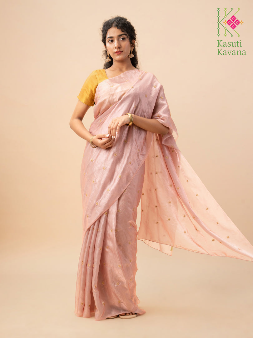 bohemian rose flora glass organza saree highlighting floral motifs