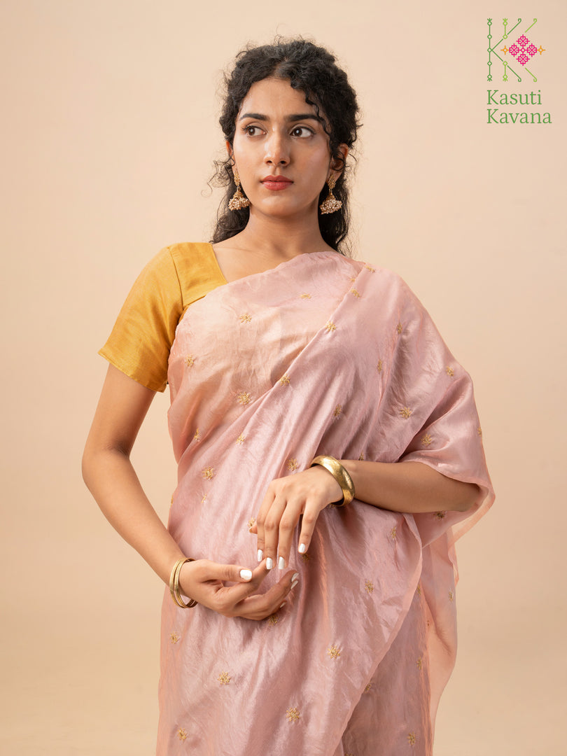 bohemian rose organza saree showing floral embroidery on sheer fabric