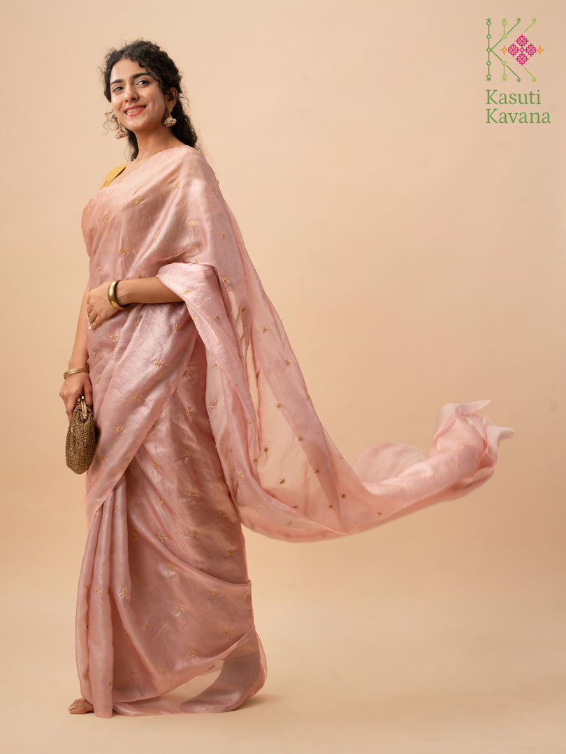 bohemian rose organza saree with floral embroidery on soft drape