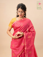 Load image into Gallery viewer, rani pink kasuti ooru saree showing embroidered border and motifs
