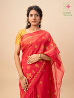 Load image into Gallery viewer, embroidered rani pink sherbet kasuti saree close-up view
