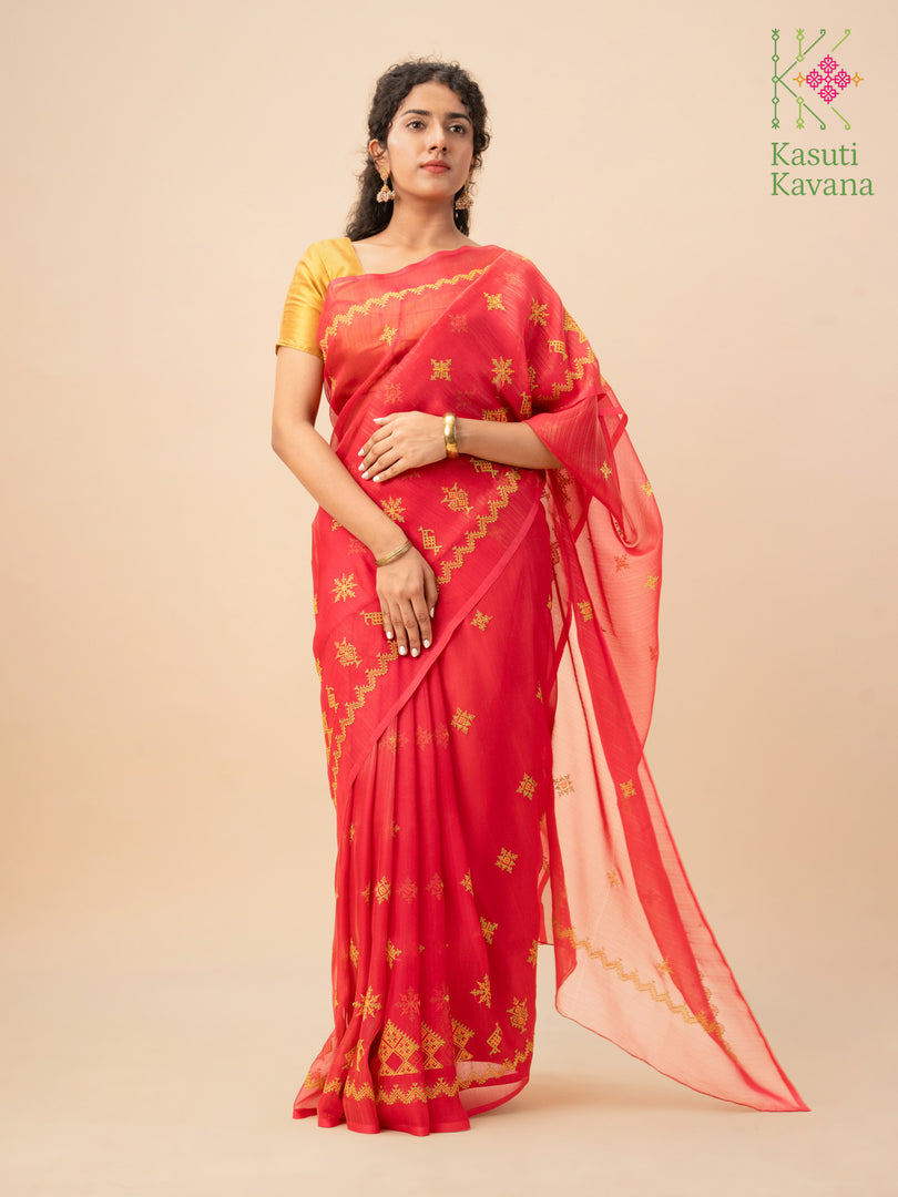 rani pink kasuti tissue sherbet saree with embroidered motifs