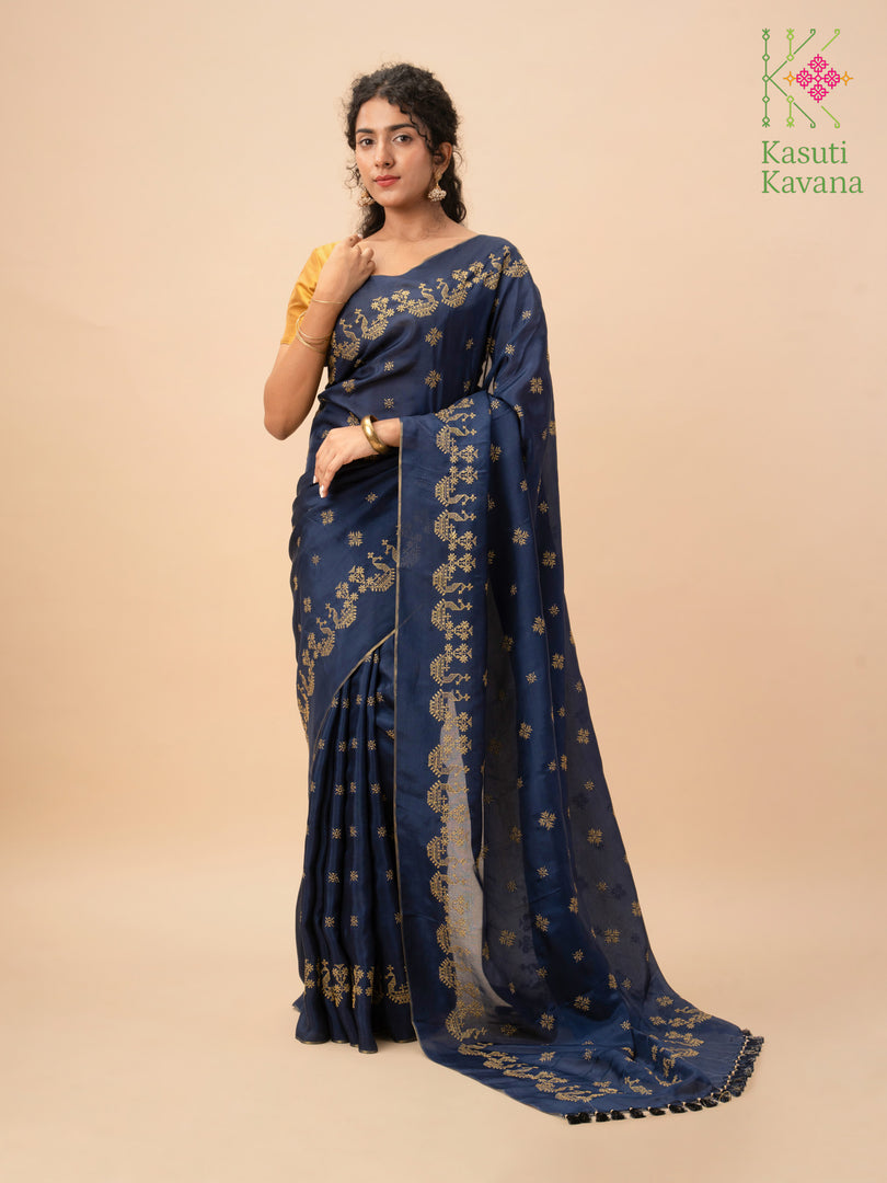 Navy blue saree with golden goose motifs and woven border