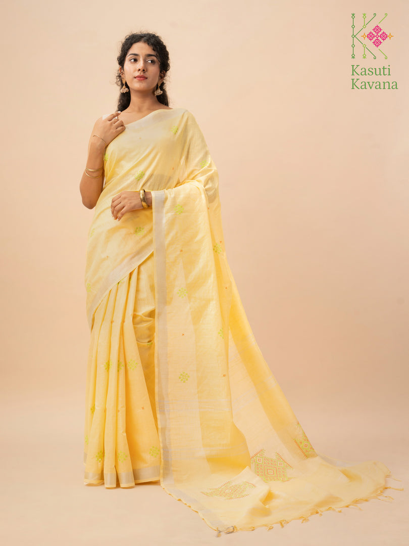 Lemon kasuti saree with cross stitch floral motifs front full view