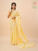 Load image into Gallery viewer, Lemon kasuti saree border close-up with floral cross stitch pattern
