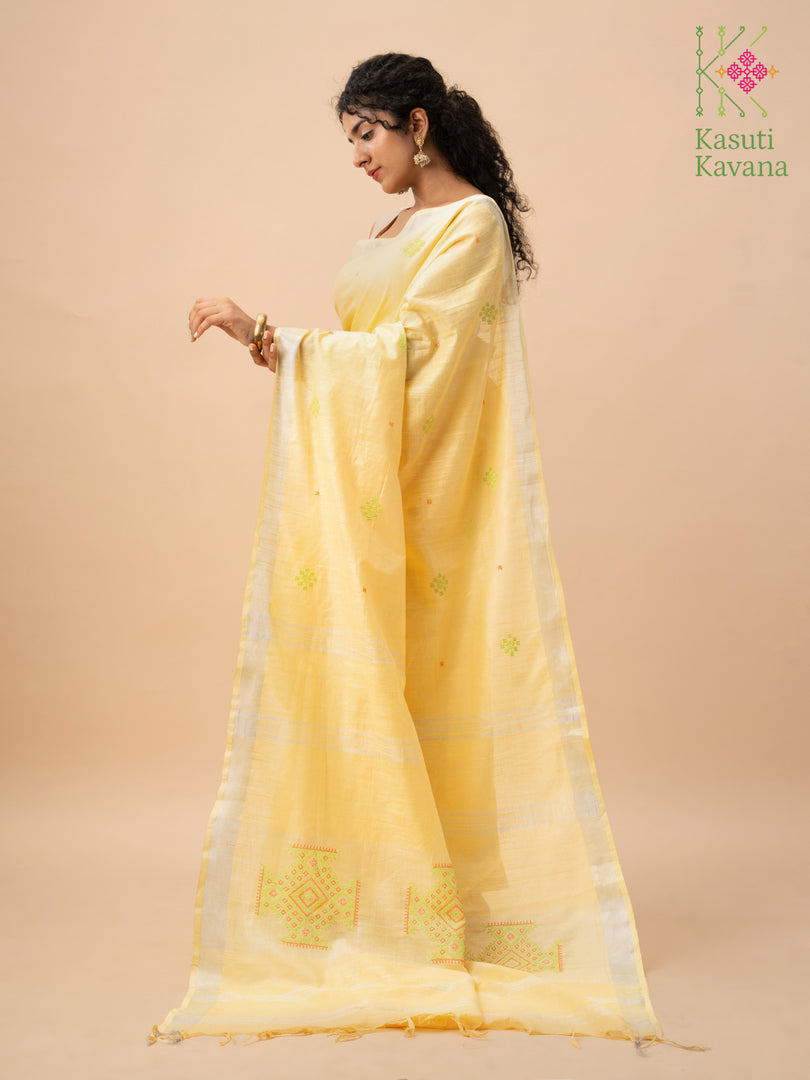 Lemon kasuti saree blouse back detail with floral embroidery