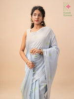 Load image into Gallery viewer, sky blue kasuti saree with floret cross stitch embroidery pallu view

