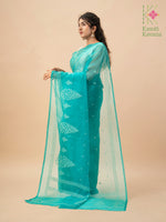 Load image into Gallery viewer, deep pista kasuti organza petal saree fabric view
