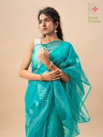 Load image into Gallery viewer, organza kasuti saree in deep pista shade embroidery display
