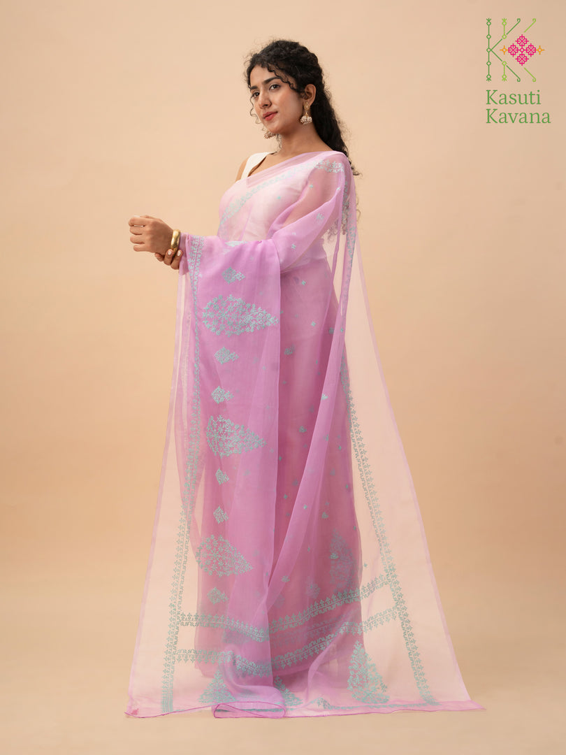organza kasuti saree in purple petal design embroidery detail