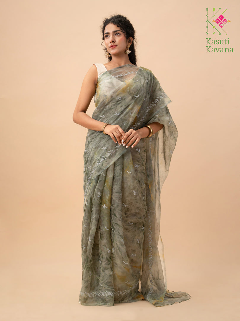 meadow tie-dye organza kasuti saree highlighting floral motif detail