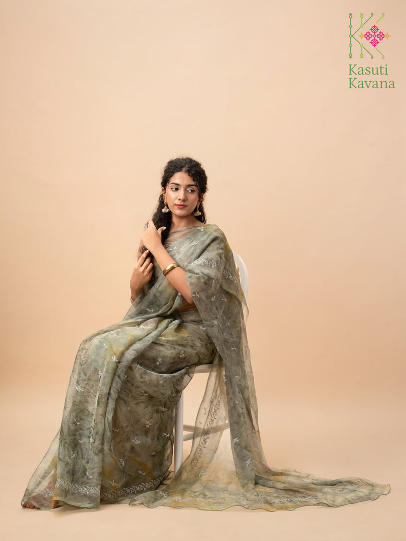 meadow tie-dye organza periwinkle kasuti saree with floral embroidery