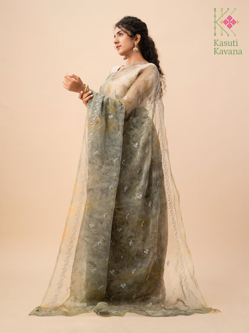 meadow tie-dye organza kasuti saree with woven and embroidered motifs