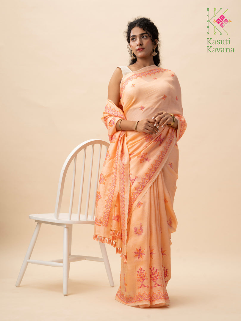 classic kasuti saree in peach orange with embroidery close-up
