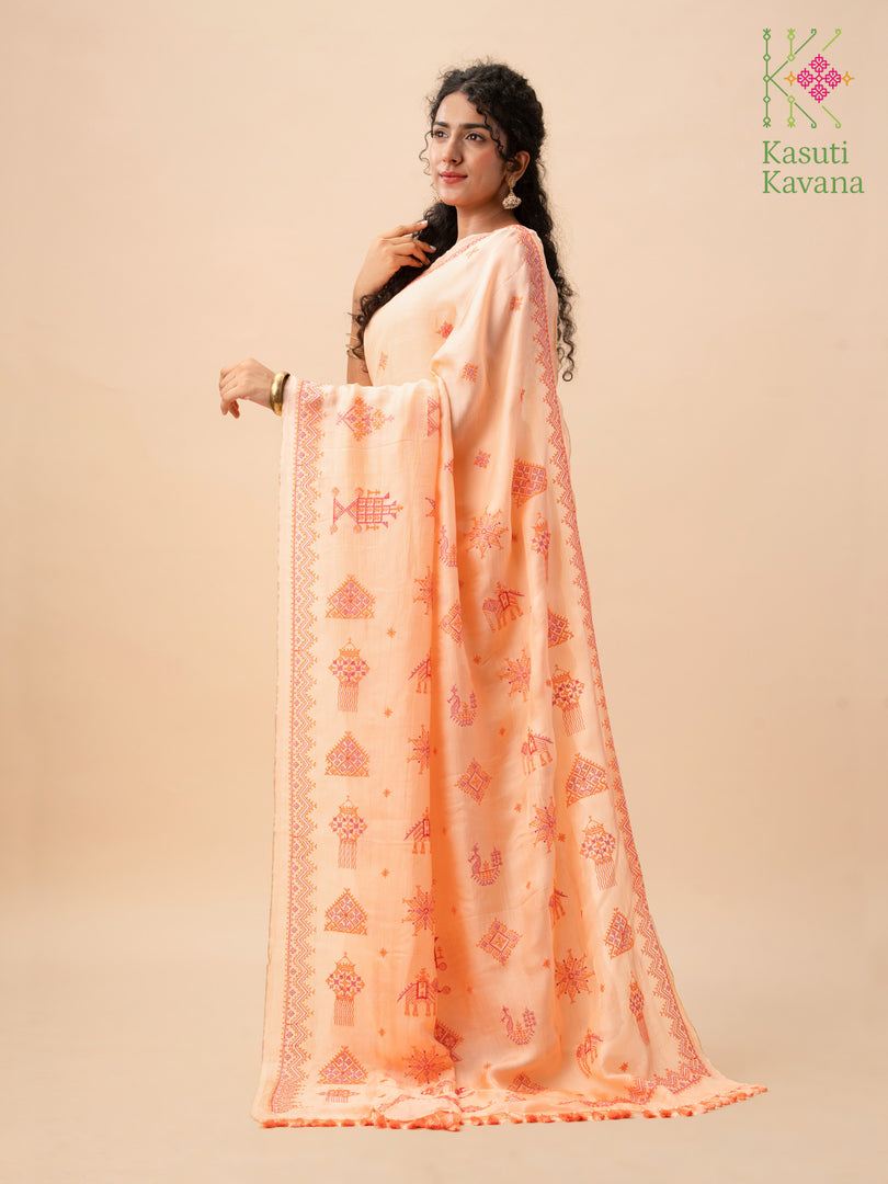 peach orange kasuti saree with embroidered border view