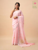 Load image into Gallery viewer, cross stitch embroidered baby pink floret kasuti saree close-up
