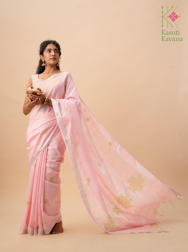 baby pink kasuti saree with floret cross stitch embroidery front view