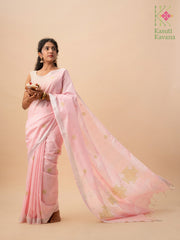 baby pink kasuti saree with floret cross stitch embroidery front view