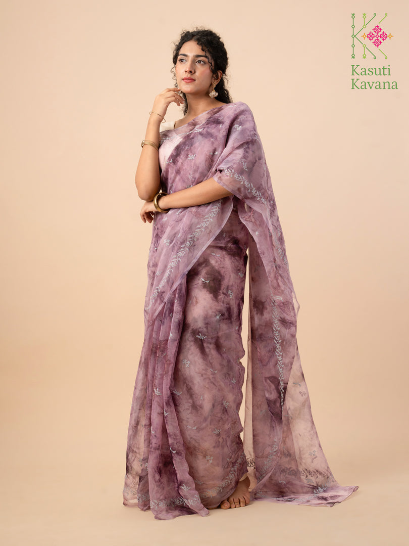 milkyway tie-dye organza kasuti saree in periwinkle with floral motifs
