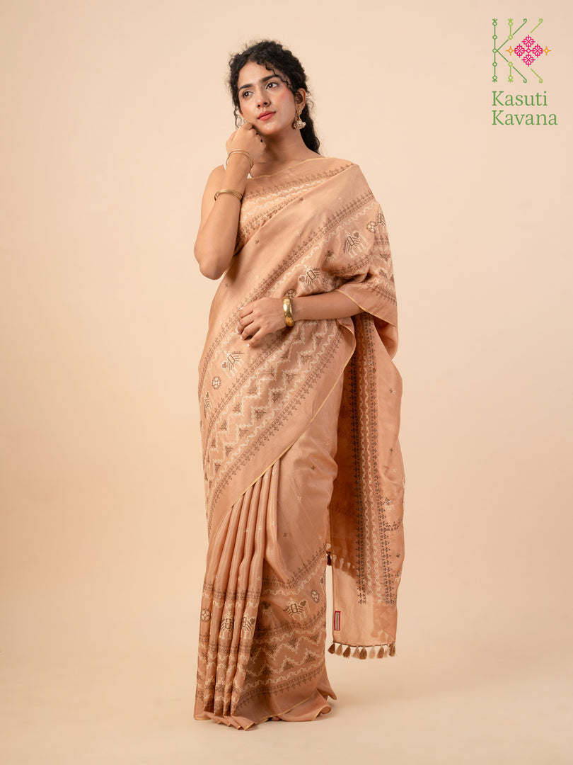 Bollywood beige elephant saree pleats view with elephant design border