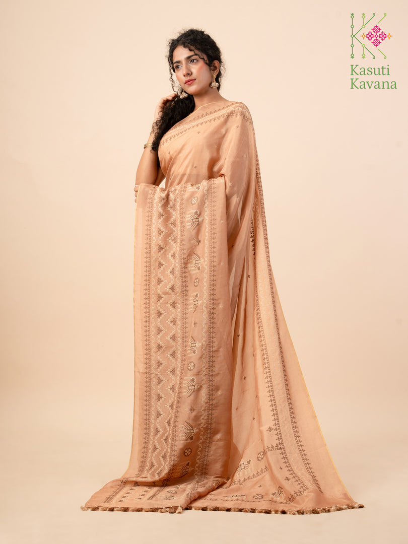 Bollywood beige elephant saree drape view highlighting woven elephants