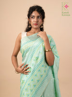 Load image into Gallery viewer, embroidered elephant motif saree in elaichi pista shade close-up
