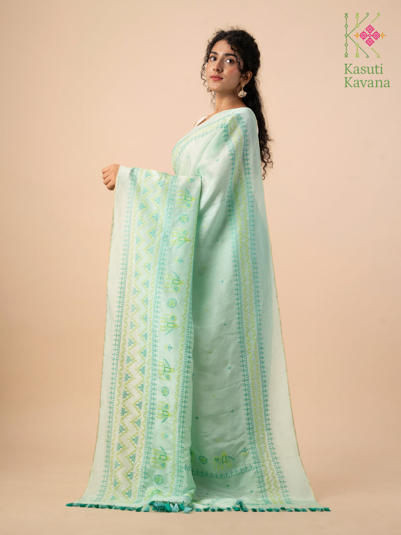 kasuti elephant embroidered saree in elaichi pista green full view