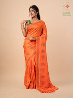 Load image into Gallery viewer, embroidered kesari orange kasuti saree border detail
