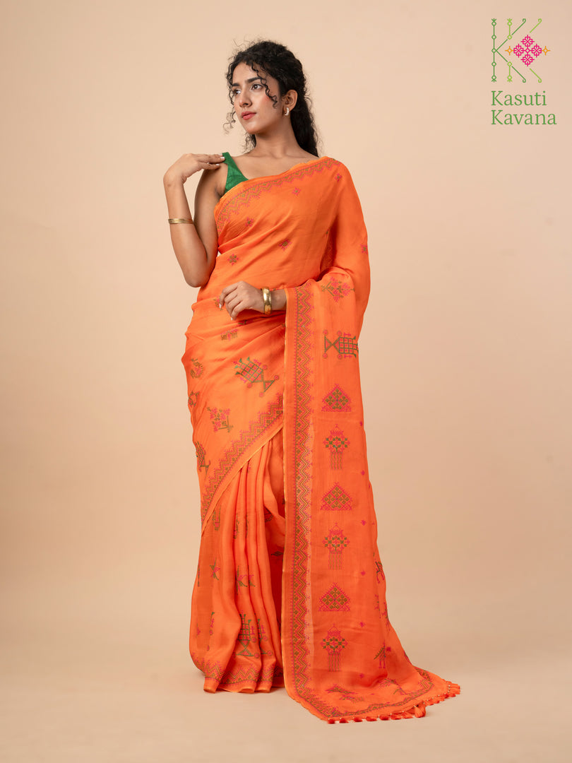 embroidered kesari orange kasuti saree border detail