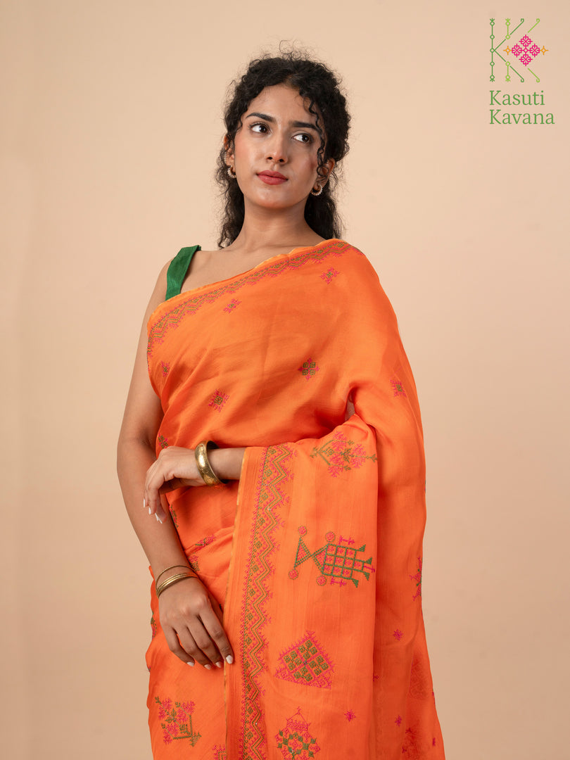 kesari orange kasuti saree with classic embroidery close-up