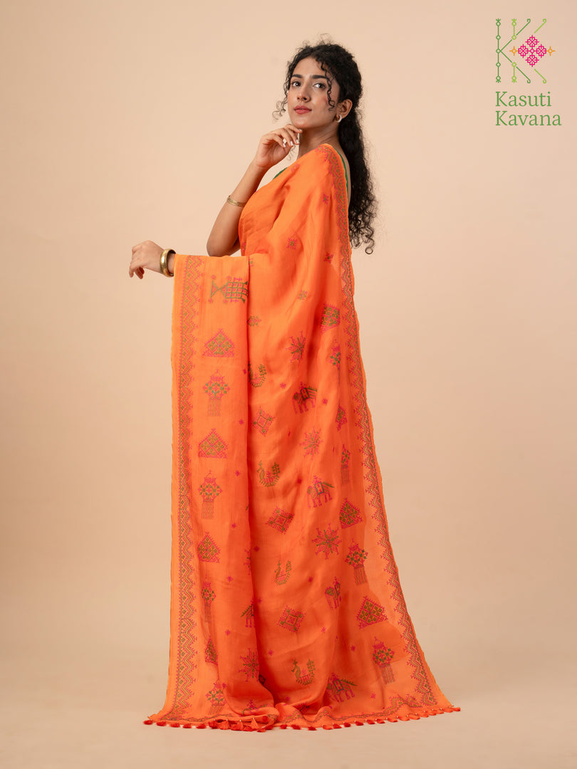 classic kasuti saree in kesari orange pallu embroidery detail