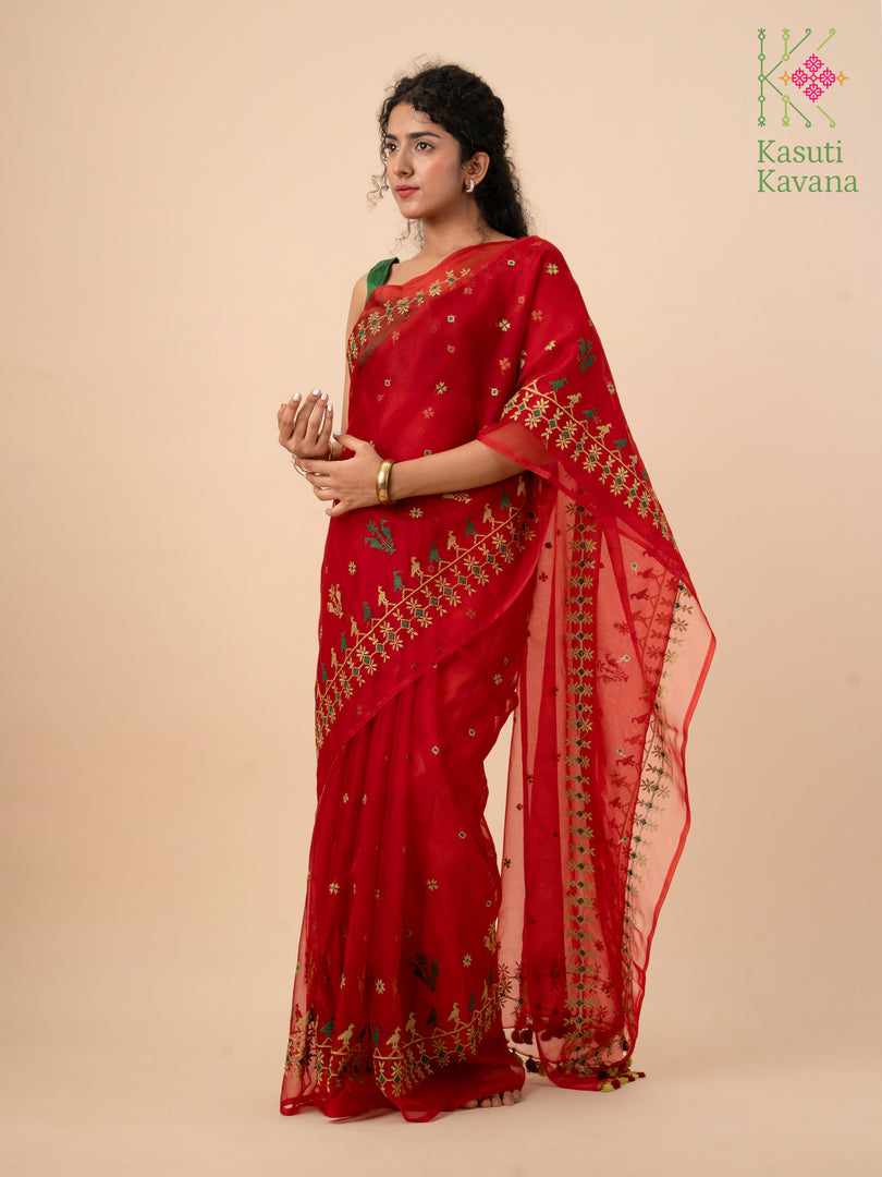 red mayur organza kasuti saree highlighting kasuti embroidery motifs