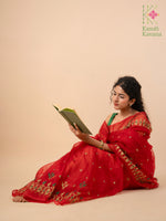 Load image into Gallery viewer, red mayur organza kasuti saree showing embroidery across drape
