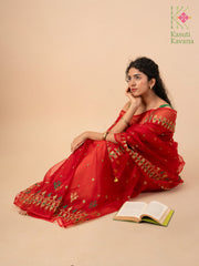 red mayur organza kasuti saree with embroidered peacock design