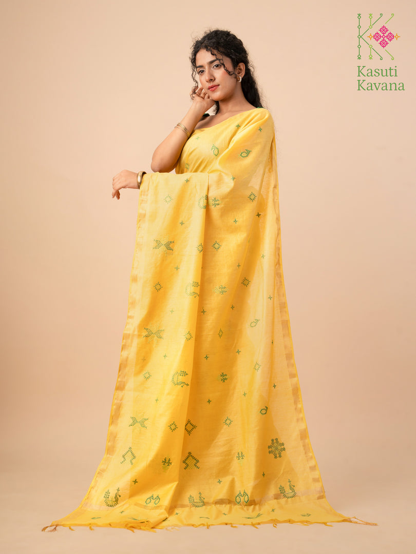 sunflower yellow kasuti ooru saree highlighting motifs on drape