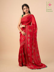 Maroon red classic kasuti saree pallu view with kasuti embroidered border