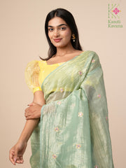 green faluda mirror saree folded view showing embroidered detail