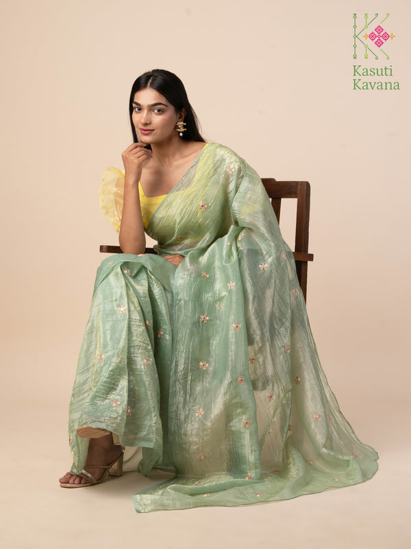 green faluda mirror saree draped front with mirror embroidery