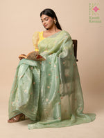 Load image into Gallery viewer, green faluda mirror saree draped side view with reflective motifs
