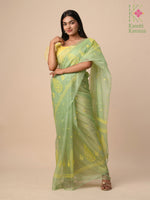 Load image into Gallery viewer, organza kasuti saree in light parrot shade embroidery close-up
