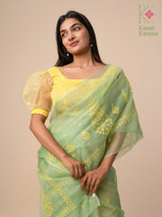 light parrot petal organza kasuti saree with embroidery front angle
