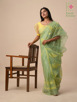 Load image into Gallery viewer, embroidered light parrot kasuti organza saree pallu detail
