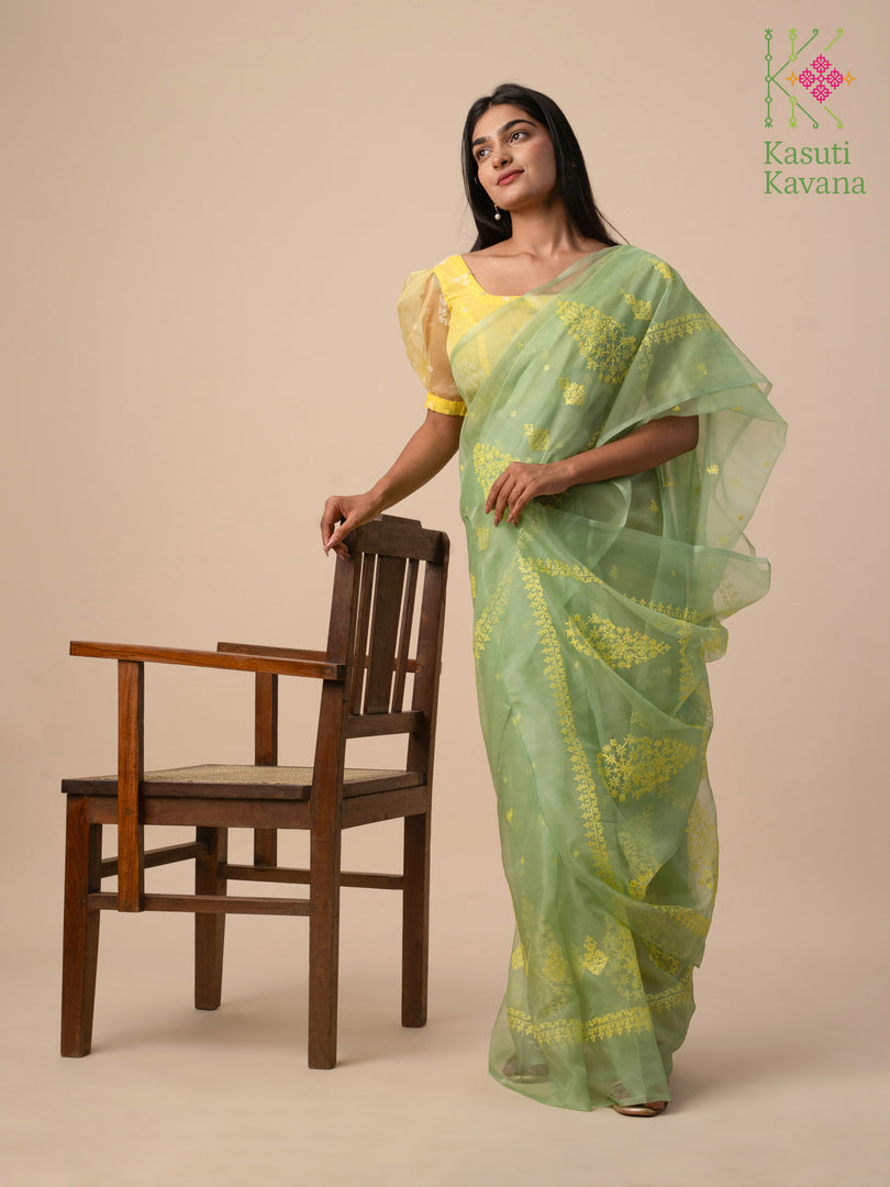 embroidered light parrot kasuti organza saree pallu detail